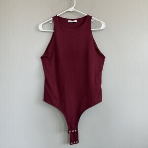 Reoria High Neck Lined Bodysuit Woman’s Sz XL Burgundy Sleeveless Thong Back